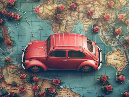 Vintage Red Car on World Map Background with Roses Retro Travel Theme, Nostalgic Journey, Classic Car Enthusiasts, Adventurous Spirit, Floral Decor, Global Exploration Concept AI Generativeの素材