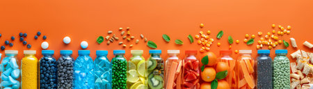 Colorful Assortment of Nutritional Supplements and Fresh Fruits on Orange Background for Healthy Living AI Generativeの素材