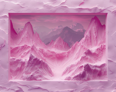 A Serene and Enchanting Pink Toned Mountain Range Art, Digital Rendering of Dreamlike Landscape, Pink Peaks and Valleys in Fantasy Setting, Evoking Calm and Imagination, Artistic Natural Beauty AI Generativeの素材