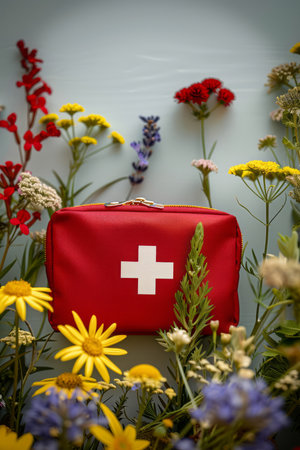 First Aid Kit Amidst Colorful Wildflowers, Emergency Medical Essentials, Outdoor Safety, Healthcare Concept Image AI Generativeの素材