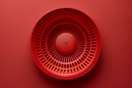 Detailed Red Plastic Hubcap on Red Background Perfect for Auto Enthusiasts, Design Inspiration, and Architectural Art Concepts Unique Circular Patterns and Abstract Art Imagery AI Generativeの素材