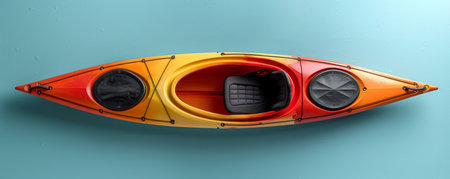 Colorful Single Kayak On Aqua Blue Background, Top down View Of Vibrant Orange Red Watercraft, Perfect For Outdoor Water Adventures And Sports Enthusiasts AI Generativeの素材