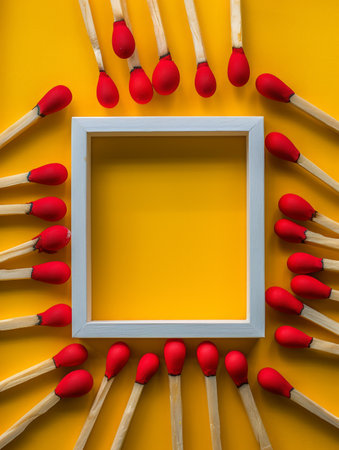 Creative Flat Lay of Wooden Matches with Red Heads Around White Frame on Vibrant Yellow Background Minimalist Artistic Composition for Modern Design and Inspiration Concepts AI Generativeの素材