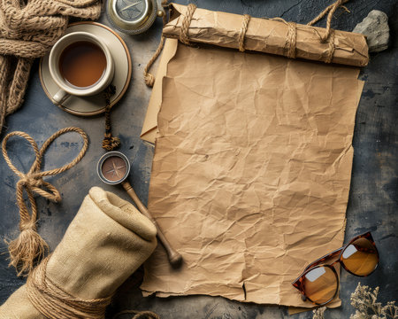 Vintage Adventure Essentials Rolled Map, Compass, Ropes, Teacup, and Glasses A Nostalgic Flat Lay of Travel and Exploration Gear AI Generativeの素材
