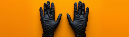 Black Gloves on Vibrant Orange Background Stylish Protective Handwear for Safety, Gardening, Medical Use, and Cleaning Tasks AI Generativeの素材