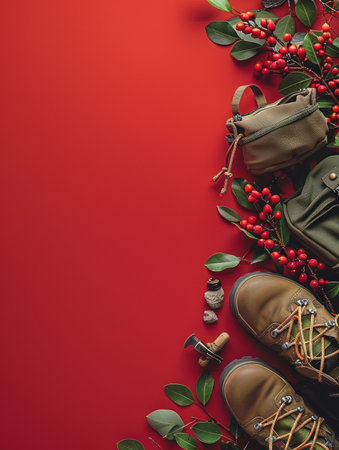 Outdoor Hiking Essentials with Boots, Backpack, and Nature Elements on a Red Background Perfect for Adventurers, Campers, and Nature Enthusiasts AI Generativeの素材