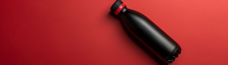 Sleek Black Stainless Steel Reusable Water Bottle with Red Accent on Red Background Modern, Eco friendly Hydration Solution AI Generativeの素材