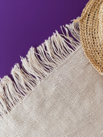 Elegant Beige Fringe Rug with Straw Hat on Vibrant Purple Background for Modern Home Decor and Interior Design Inspiration AI Generativeの素材