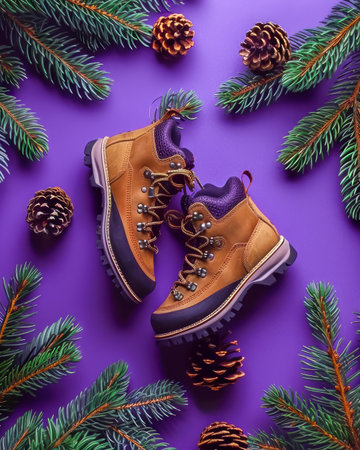Vibrant Purple Background Featuring Durable Hiking Boots Surrounded by Pine Tree Branches and Pine Cones for Outdoor Adventure and Winter Activities AI Generativeの素材