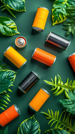 Colorful Energy Drink Cans on Green Background with Tropical Leaves Bright Orange and Sleek Black Beverage Containers Surrounded by Lush Green Foliage in a Refreshing Summer Setting AI Generativeの素材