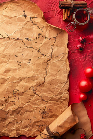 Ancient Adventure Map on Rustic Red Background with Decorative Elements, Spices, Holiday Ornaments, and Rope Ties, Perfect for Seasonal and Vintage Themed Photography and Design Projects AI Generativeの素材
