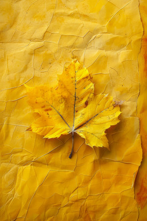 Vibrant Yellow Autumn Leaf with Intricate Veins on Textured Background Highlighting the Beauty of Fall Foliage Nature Art Organic Design Colorful Seasonal Decor Botanical Inspired Fine Art Print AI Generativeの素材