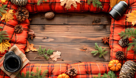 Rustic Autumn Photography Background with Pine Cones, Pumpkins, and Leaves on Wooden Surface with Red Plaid Cloth Perfect for Fall Season Photo Shoots, Thanksgiving Themes, and Nature Portraits AI Generativeの素材