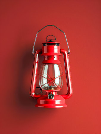 Vintage Red Lantern on a Vibrant Red Background Stylish and Decorative Antique Lighting Fixture for Home and Outdoor Decoration Classic Oil Lamp with a Rustic Design Perfect Vintage Home Decor AI Generativeの素材