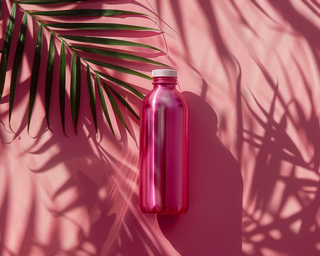 Vibrant Pink Bottle with Tropical Palm Leaf Shadows on a Soft Pink Background Modern Minimalist Aesthetic with Summer Vibes AI Generativeの素材
