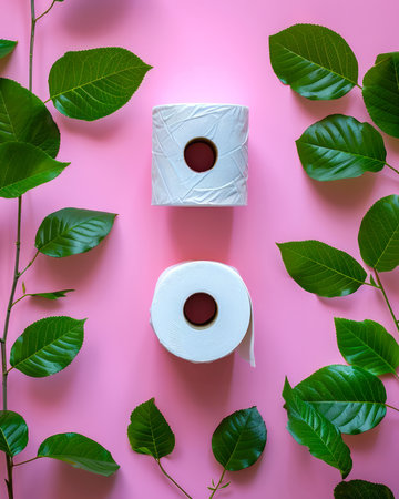 Eco Friendly Bathroom Concept with Toilet Paper Rolls and Green Leaves on Pink Background Highlighting Sustainability and Nature Inspired Design for a Minimalist and Environmentally Conscious Lifestyle AI Generativeの素材