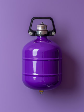 Bright Purple Gas Cylinder on Matching Purple Background Vibrant Colored Industrial Equipment with Black Handle Colorful Propane Tank for Home or Industrial Use AI Generativeの素材