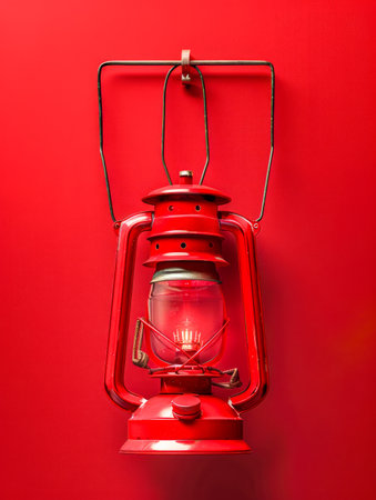 Vibrant Red Vintage Lantern on Bright Red Background, Classic Kerosene Lamp, Retro Lighting Decor, Antique Lantern Design, Old fashioned Oil Lamp, Bold Red Color Scheme, Traditional Lantern Art AI Generativeの素材