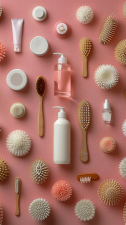 Array of Natural Bristle Brushes and Skincare Bottles on Pink Background for Health and Beauty Care AI Generativeの素材
