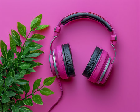 Stylish Pink Headphones with Black Cushions on Vibrant Pink Background Next to Green Plant for Modern and Trendy Audio Equipment Concept AI Generativeの素材