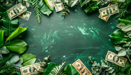 Lush Greenery with Dollar Bills on Chalkboard Background Representing Wealth and Nature Conservation AI Generativeの素材