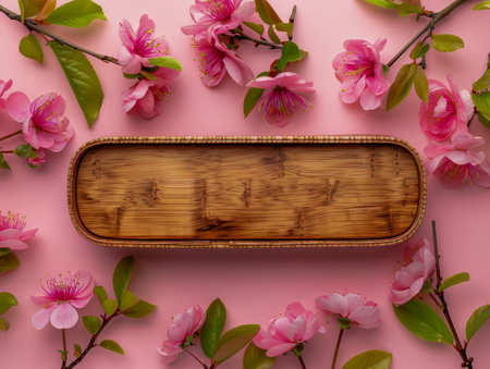Elegant Wooden Serving Tray Surrounded by Blossoming Pink Flowers on a Soft Pink Background Perfect for Dining, Decor, and Special Occasions AI Generativeの素材