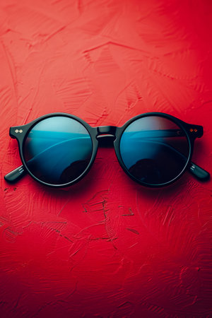 Stylish Round Black Sunglasses with Blue Lenses on Red Textured Background Trendy Eyewear Fashion Concept and Accessories Photography AI Generativeの素材