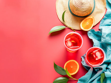 Refreshing Summer Beverage with Orange Slices and Straw Hat on Vibrant Pink Background AI Generativeの素材