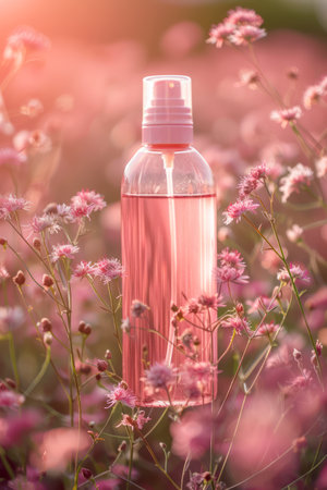 Exquisite Floral Rose Water Spray Bottle Amidst Blooming Pink Wildflowers in Serene Meadow Captivating Natural Beauty and Aromatherapy Essence AI Generativeの素材