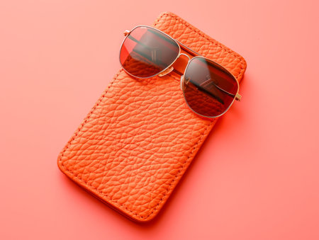 Stylish Sunglasses Resting on a Textured Orange Case with Vibrant Background Reflection AI Generativeの素材