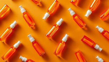 Bright Orange Cosmetic Bottles with White Caps Arranged in a Pattern on an Orange Background, Skincare Packaging, Beauty Products Display AI Generativeの素材