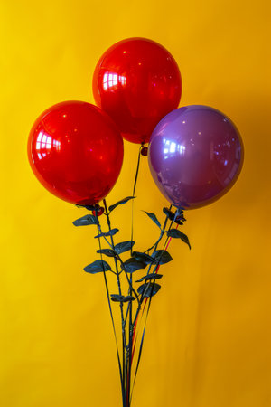 Bright and Colorful Balloon Bouquet Against a Yellow Background Party Decor Celebrations, Festive Vibrant Colors, Red and Purple Balloons on Stems with Leaves for Birthdays, Weddings, Events AI Generativeの素材