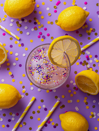 Refreshing Lemonade Drink with Colorful Sprinkles and Lemons on Purple Background Surrounded by Confetti and Straws Perfect for Summer Parties and Festive Celebrations AI Generativeの素材
