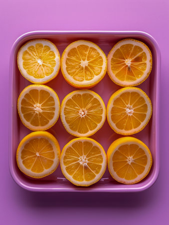 Vibrant Sliced Lemons in a Pink Tray on Purple Background Fresh Citrus Fruit Arrangement for Healthy Living and Culinary Inspiration AI Generativeの素材