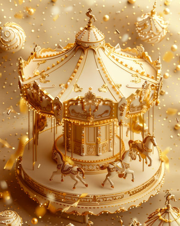 Enchanting Golden Carousel with Ornate Details and Majestic Horses Amidst a Whimsical, Glittering Wonderland AI Generativeの素材
