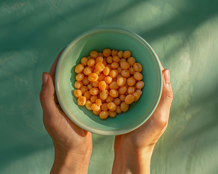 Hands Holding Bowl of Golden Chickpeas Against Green Background with Shadows Healthy Food Concept, Fresh Chickpeas in Modern Minimalist Style, Nutrient rich Vegan Ingredients for Clean Eating AI Generativeの素材
