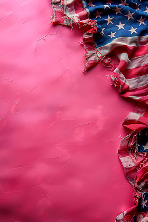 Weathered American Flag Against a Bright Pink Background Patriotic Symbol Meets Abstract Art in a Thought Provoking Juxtaposition of Colors, Textures, and Symbolism Reflecting Strength, Resilience, and Creativity AI Generativeの素材