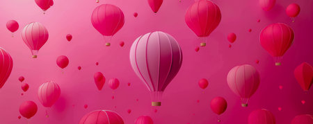 Dreamy Pink Hot Air Balloons against a Vibrant Pink Sky A Serene and Romantic Adventure in the Skies with Floating Balloons Creating a Magical and Enchanting Atmosphere AI Generativeの素材