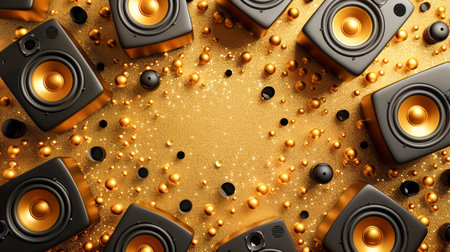 Vibrant Arrangement of Black and Gold Speakers With Golden Beads Creating a Futuristic Audio themed Background in a Dynamic and Energetic Style AI Generativeの素材