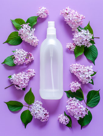 Minimalist Spray Bottle with Lilac Flowers on Purple Background Freshness and Elegance for Cosmetic Applications AI Generativeの素材