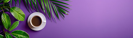 Minimalist Coffee Break Cup of Coffee with Green Leafy Plant on Purple Background Aesthetic and Modern Food and Drink Concept with Tropical Touch AI Generativeの素材