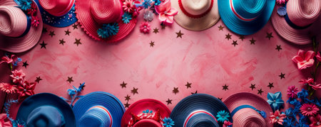Colorful Hat Arrangement on Pink Background with Flowers and Stars, Top View, Fashion Accessories, Vibrant Celebratory Decoration, Decorative Headwear Display, Festive Themed Hats, 200 Characters AI Generativeの素材