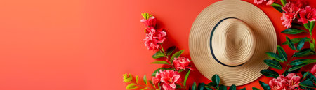 Stylish Summer Beach Hat Surrounded by Vibrant Pink Flowers and Greenery on a Bright Red Background Perfect for Tropical Vacations and Summery Vibes AI Generativeの素材
