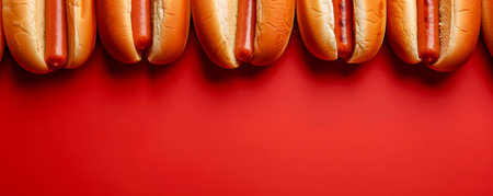 Delicious Lineup of Classic Hotdogs in Buns against a Vibrant Red Background Perfect for Summer BBQs, Picnics, and Food Lovers AI Generativeの素材