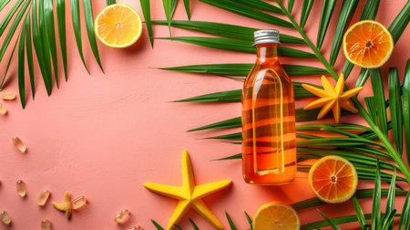 Vibrant Summer Beverage with Citrus Slices and Palm Leaves on a Pink Background AI Generativeの素材