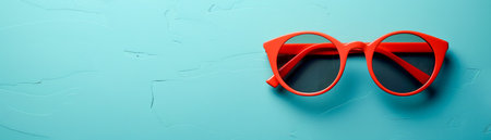 Stylish Red Eyeglasses on a Cyan Background Modern Design, Vibrant Fashion Accessories, Eye Catching Frames, Stylish Spectacles, Trendy Optics AI Generativeの素材