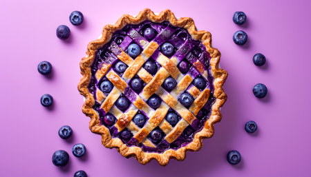 Delicious Homemade Blueberry Pie with Lattice Crust on a Vibrant Purple Background Fresh Baked Dessert with Blueberries Perfect for Summer Gatherings, Picnics, and Family Celebrations AI Generativeの素材
