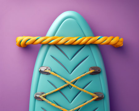 Vibrant Surfboard Against Purple Background with Colorful Rope A Summer Themed Adventure Awaits Perfect for Surfing Enthusiasts and Beach Lovers, Featuring Bold Colors and Energetic Vibes Hang Ten AI Generativeの素材