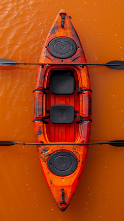 Top View of Red Kayak Floating on Orange Water Surface with Dual Paddles Perfect for Outdoor Adventure and Water Sports Enthusiasts AI Generativeの素材