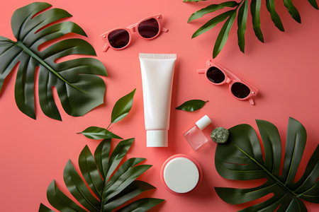 Tropical Skincare and Accessories Flat Lay Sunscreen, Sunglasses, and Cosmetic Bottles with Monstera Leaves on a Coral Background AI Generativeの素材
